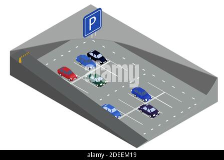 Underground parking with cars. Indoor transport park concept. 3d isometric vector illustration Stock Vector