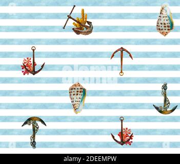 Romantic sea seamless pattern with watercolor anchors, corals and spotted seashell in light blue, white, brown and red colors Stock Photo
