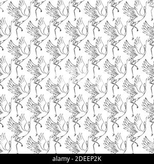 seamless pattern in the form of stylized birds cranes flying in the sky on white background black birds. Stock Vector