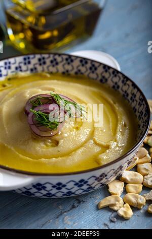 Taditional fava with olive oil. Mashed broad beans fava appetizer. Stock Photo