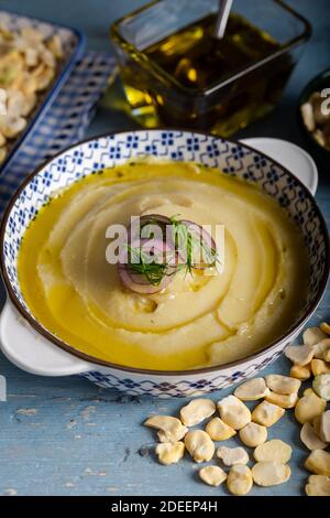 Taditional fava with olive oil. Mashed broad beans fava appetizer. Stock Photo