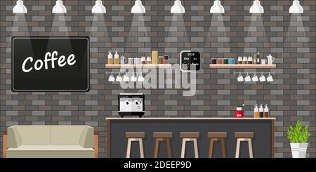 Interior of a modern coffee shop. Empty cafe without people, restaurant. Flat style. Background image. Vector illustration Stock Vector