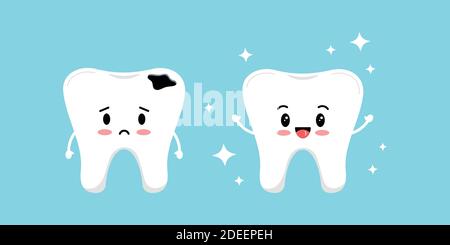 Cute white tooth and sad tooth with decay before after icon set. Stock Vector