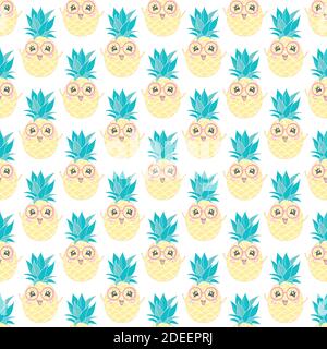 pineapple with Sunglasses tropical illustration seamless, summertime pattern Stock Vector