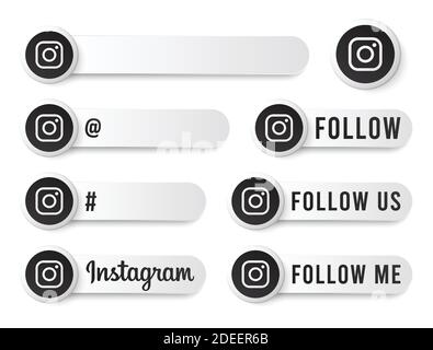 Instagram Buttons Collection with Black Logo. White Social Media Tags Set with Modern Icons, Symbol, Sing, Banner. 3D Round Button Templates Stock Vector