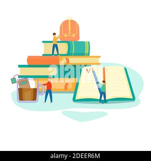 Concept with stack of books people characters. Flat design for infographics web design banner poster and mobile app. Stock Vector