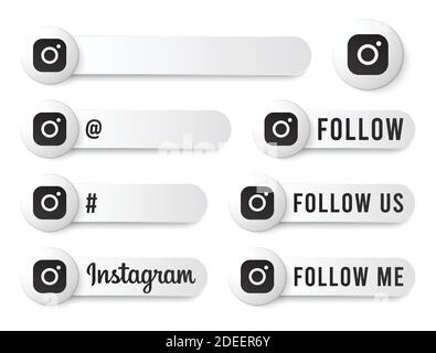 Instagram Buttons Collection with Black Logo. White Social Media Tags Set with Modern Icons, Symbol, Sing, Banner. 3D Round Button Templates Stock Vector