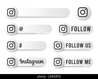 Instagram Buttons Collection with Black Logo. White Social Media Tags Set with Modern Icons, Symbol, Sing, Banner. 3D Round Button Templates Stock Vector