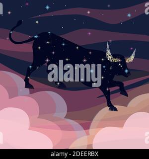 Bull Happy now yer 2001.Zodiac Ox. Chinese new year 2021 year of the ox. Starry sky. Stock Vector