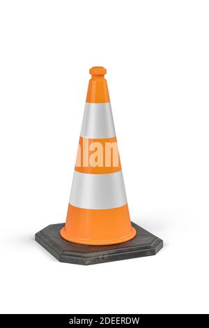 An orange traffic cone with reflective stripes on a white background - 3d render Stock Photo