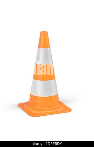 An orange traffic cone with reflective stripes on a white background - 3d render Stock Photo