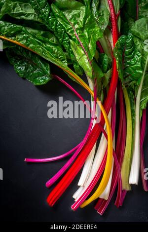Colorful fresh rainbow chard on a black background Stock Photo