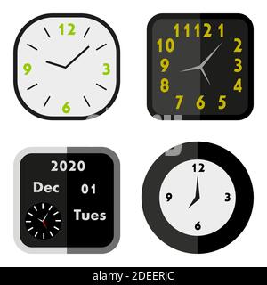 Collection of wall clocks with Arabic numerals in dark colors. Flat style. Isolated on white background. Vector illustration Stock Vector