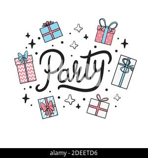 Vector line icons of christmas gift box with a firework. Cute illustration of red gift box, concept for boxing day sale. Stock Vector