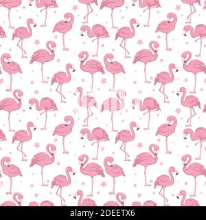 Tropical trendy seamless pattern with pink flamingos and mint green palm leaves. Exotic Hawaii art background. Design for fabric and decor. Stock Vector