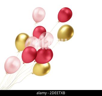 Realistic gold, red, pink balloons flying isolated on white background. Design element for greeting anniversary poster, postcard. Vector illustration Stock Vector