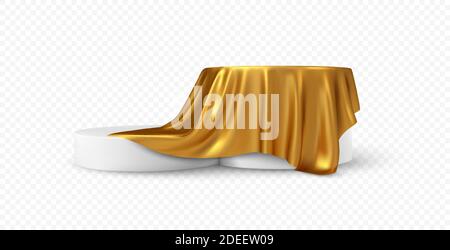 Realistic 3d round white product podium display covered golden fabric drapery folds isolated on white background. Vector illustration Stock Vector