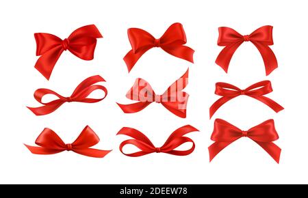 Gift bows silk red ribbon with decorative bow. Realistic luxury festive satin tape for decor or holiday packaging 3d vector set isolated on white Stock Vector