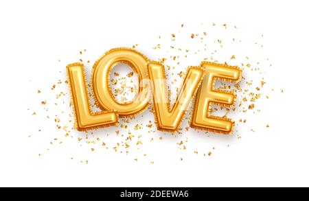 Shine Gold glossy metallic balloons love letter. Golden characters balloons on the golden glitter isolated on white background. For celebration, party Stock Vector