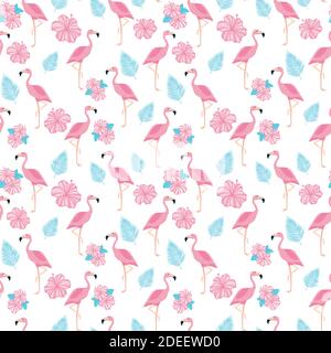 Tropical trendy seamless pattern with pink flamingos and mint green palm leaves. Exotic Hawaii art background. Design for fabric and decor. Stock Vector