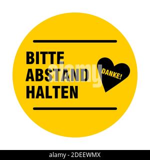 Bitte Abstand Halten Danke ("Please Keep Distance Thank You" in German) Round Social Distancing Icon for Queue Line with Heart Symbol. Vector Image. Stock Vector