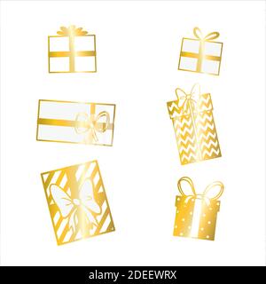 Set of gift boxes in gold color. Sketch vector illustration Stock Vector