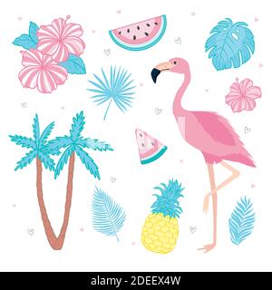 Set of tropical leaves, cute summer icons, watermelon bird Flamingo, tropical flowers and pineapple Stock Vector