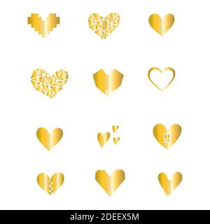 Set heart illustraion.Sparkling gold stain. Vector metallic paint. Hand drawn. Stock Vector