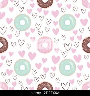 Vector seamless pattern with colorful donuts with glaze and sprinkles on a white background. Stock Vector