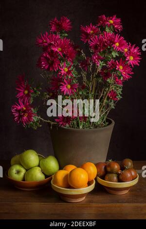 Autumn still life of a group of fruits and vegetables on clay jars with a rustic flowerpot and a chrysanthemum with red blooming flowers on a table. Stock Photo