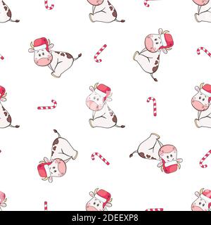 Vector of new year seamless pattern with cute cartoon bull, cow wearing Santa hat and holding gifts Stock Vector