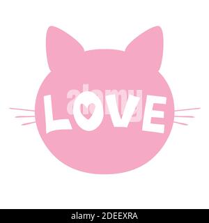 cat silhouette pink icon, lettering meow whiskers vector. Stock Vector