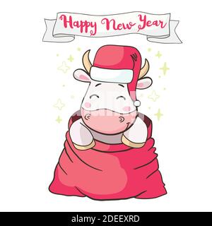 Cute bull wearing Santa Claus hat symbol of 2021 chinese new year, illustration for christmas card. Stock Vector