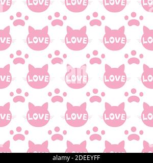Seamless pattern of pink cat heads on a white background. Vector illustration. Silhouette of an animal. Wallpaper and fabric design and decor. Stock Vector