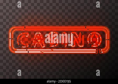 Bright red neon casino sign with rectangle frame on transparent Stock Vector