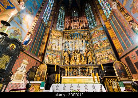 Wooden altarpiece carved by Veit Stoss, Saint Mary’s Basilica. Cracow, Kraków County, Lesser Poland Voivodeship, Poland, Europe Stock Photo