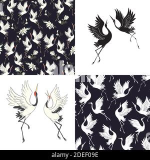 Set of seamless patterns with Japanese cranes for Your design Stock Vector