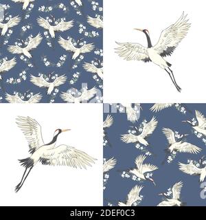Set of seamless patterns with Japanese cranes for Your design Stock Vector