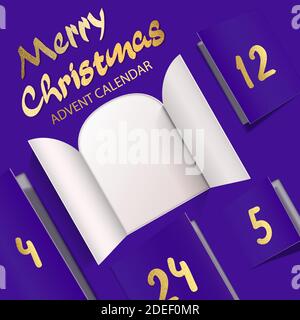 Christmas advent calendar door opening. Realistic an open wide doors with gold lettering on purple background. Template to reveal a message. Merry Chr Stock Vector