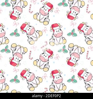 Seamless pattern with cartoon bull in santa hat. Vector illustration. Stock Vector