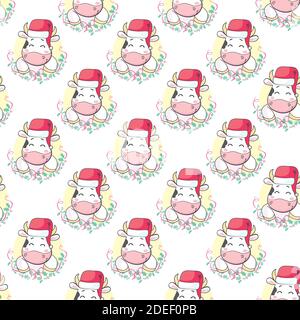 Seamless pattern with cartoon bull in santa hat. Vector illustration. Stock Vector