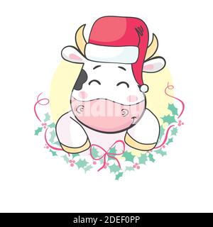 Cute bull wearing Santa Claus hat symbol of 2021 chinese new year, illustration for christmas card. Stock Vector
