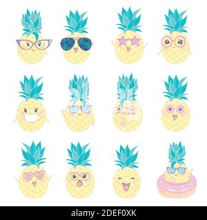 Pineapple cute characters set for summer tropical stickers. Vector illustration Stock Vector