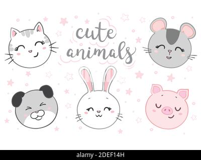 Cat, mouse, dog, rabbit, pig face set. Kawaii animal. Cute cartoon character. Love the card. Flat design. White background. Stock Vector