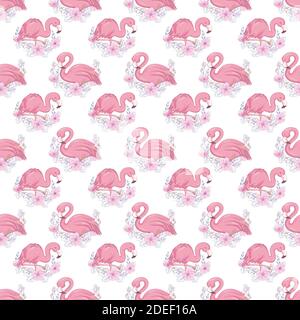 Tropical seamless pattern with cute flamingo and flowers. Cartoon summer background Stock Vector