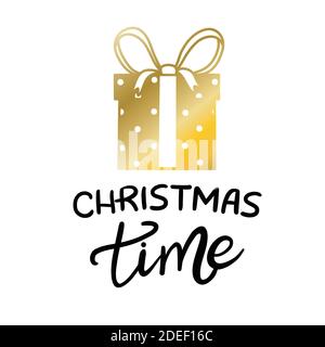 Vector illustration gift Golden. Calligraphy. Lettering. Christmas card. Christmas time. Stock Vector