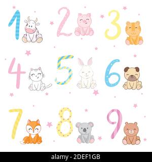 Birthday Anniversary Numbers with Cute Animals & Birthday Party Invitation Card Template Stock Vector