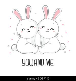 Valentine's day card with illustration of cute couple hand drawn rabbits. Romantic greeting card Stock Vector