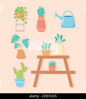 home gardening, collection of potted plants watering cand and cactus vector illustration Stock Vector