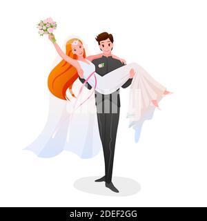 Groom holds the bride in his hands, happy couple. Cartoon bearded man character in suit and happy woman in fashionable wedding dress, marriage bridal Stock Vector